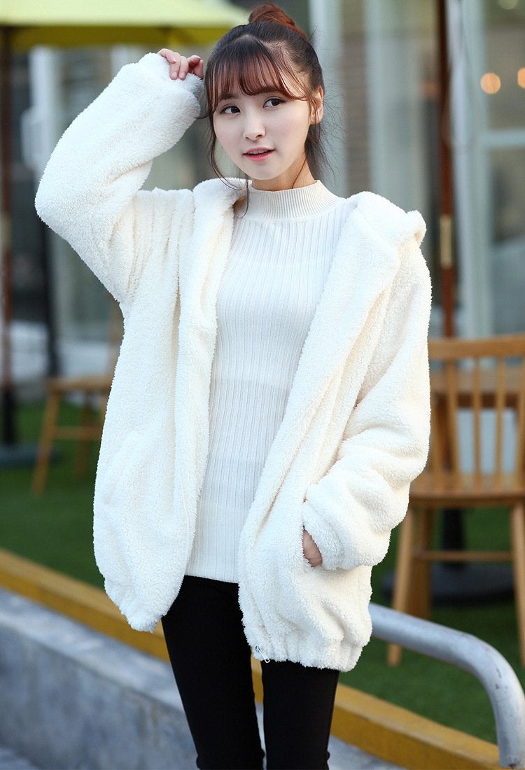 acdiac Fluffy Kawaii White Rabbit Hoodie With Ears Tail Top For Women,Casual Cute Winter Warm Animal Zip Up Jacket Sweet Sweater Coat For Home/shopping/Partty Clothing (white rabbit) - Image 4